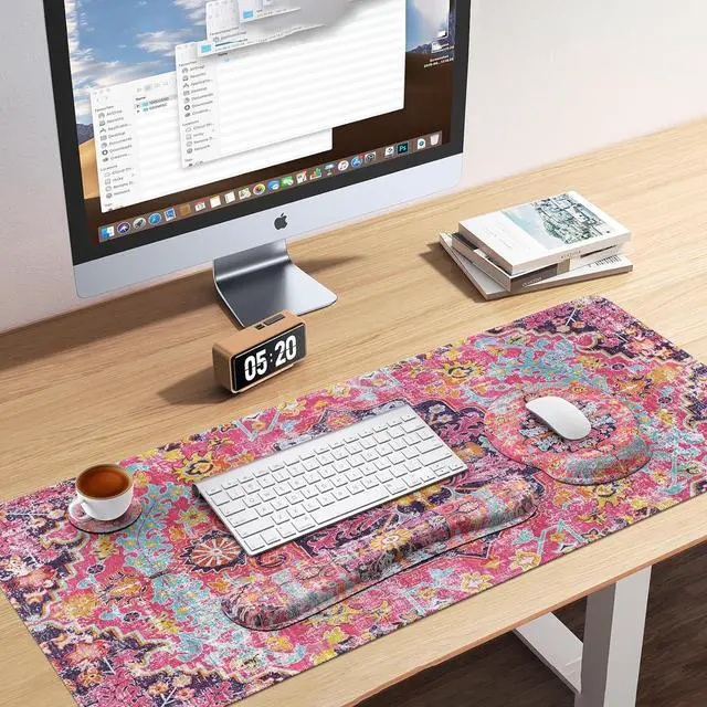 Alt view image 6 of 7 - iLeadon Mouse Pad Set, Boho Desk Mat + Mouse Pad with Wrist Rest + Keyboard Wrist Rest + Coaster, 4in1 Mouse and Keyboard Pad Set for Home Office, Rug Fuchsia