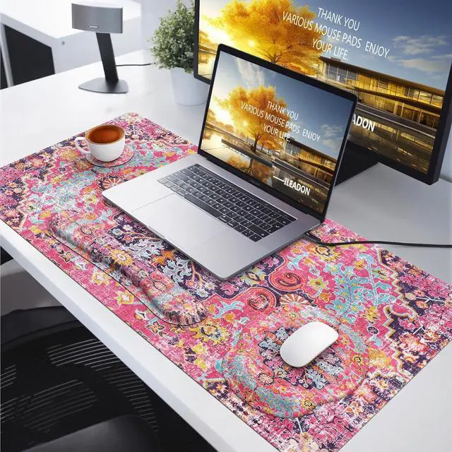 Alt view image 7 of 7 - iLeadon Mouse Pad Set, Boho Desk Mat + Mouse Pad with Wrist Rest + Keyboard Wrist Rest + Coaster, 4in1 Mouse and Keyboard Pad Set for Home Office, Rug Fuchsia