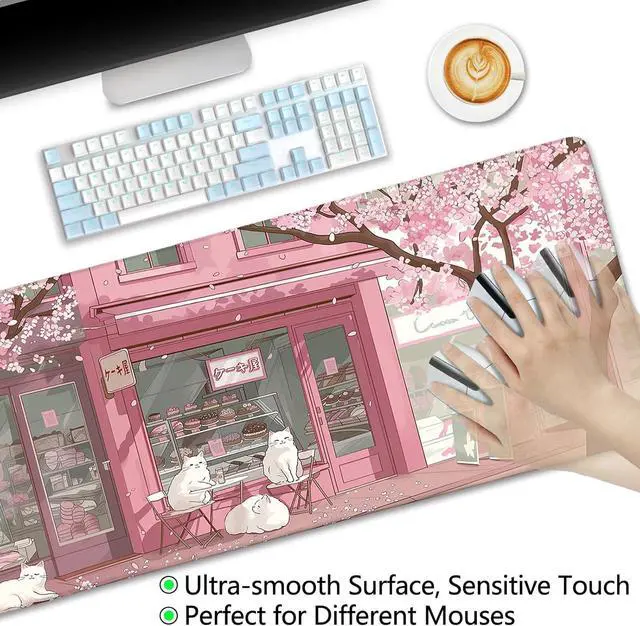 Alt view image 5 of 6 - Cat Mouse Pad Large Desk Mat, Pink Cherry Blossom Computer Mousepad with Stitched Edges Non-Slip, Keyboard Mouse Pad for Desktop Cute Office Desk Accessories Japanese Dessert House 31.5in