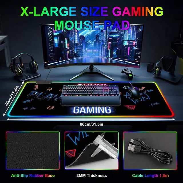 Alt view image 4 of 7 - RGB Gaming Mouse Pad, Large Mousepad with Led Light 13 Light Modes Touch Control Extended Soft Computer Keyboard Mat Pad, Desk Mat with Non-Slip Rubber Base for MacBook, PC & Laptop(31.5X11.8)