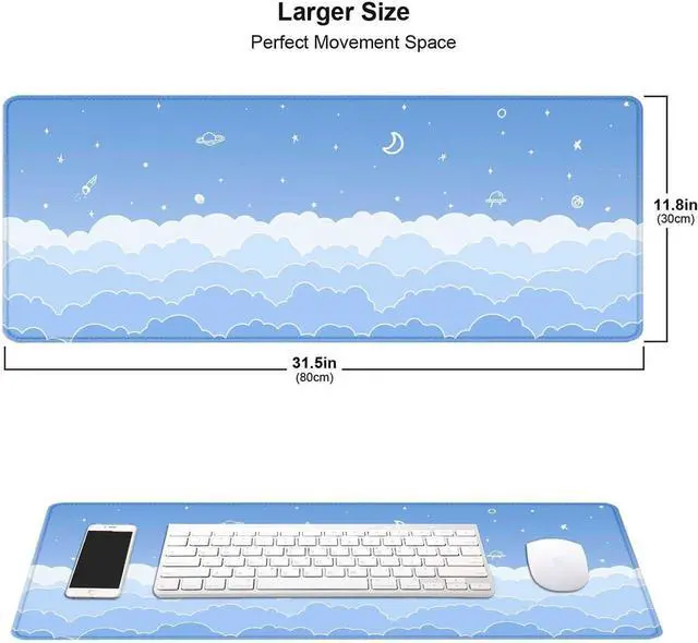 Alt view image 2 of 7 - Cute Pastel Blue Desk Mat, Minimalist Large Gaming Mouse Pad Mousepad, Kawaii Anime Gaming Deskmat, Gradient White Clouds Computer Pad, Aesthetic Stars Moon Deskpad, 31.5 X 11.8 Inch