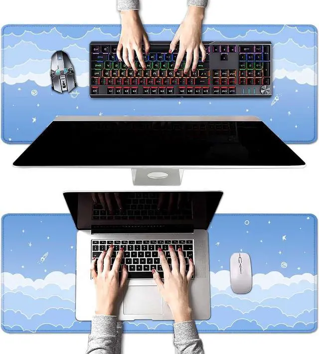 Alt view image 4 of 7 - Cute Pastel Blue Desk Mat, Minimalist Large Gaming Mouse Pad Mousepad, Kawaii Anime Gaming Deskmat, Gradient White Clouds Computer Pad, Aesthetic Stars Moon Deskpad, 31.5 X 11.8 Inch
