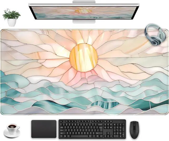 Main image of Desk Mat Gaming Desk Pad Large Mouse and Keyboard Pad, Abstract Serene Ocean Sunrise Mouse Mat XXL, Pastel Desk Protector Mat Computer Mats for Desktop Sun & Waves Office Decor 31.5" x 15.7"