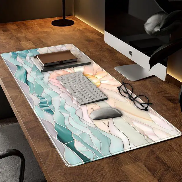 Alt view image 2 of 7 - Desk Mat Gaming Desk Pad Large Mouse and Keyboard Pad, Abstract Serene Ocean Sunrise Mouse Mat XXL, Pastel Desk Protector Mat Computer Mats for Desktop Sun & Waves Office Decor 31.5" x 15.7"