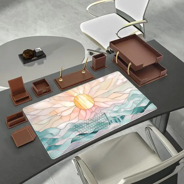 Alt view image 3 of 7 - Desk Mat Gaming Desk Pad Large Mouse and Keyboard Pad, Abstract Serene Ocean Sunrise Mouse Mat XXL, Pastel Desk Protector Mat Computer Mats for Desktop Sun & Waves Office Decor 31.5" x 15.7"