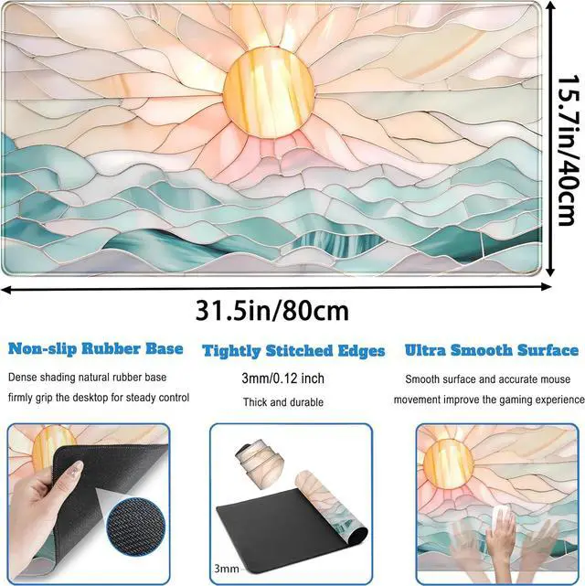 Alt view image 4 of 7 - Desk Mat Gaming Desk Pad Large Mouse and Keyboard Pad, Abstract Serene Ocean Sunrise Mouse Mat XXL, Pastel Desk Protector Mat Computer Mats for Desktop Sun & Waves Office Decor 31.5" x 15.7"