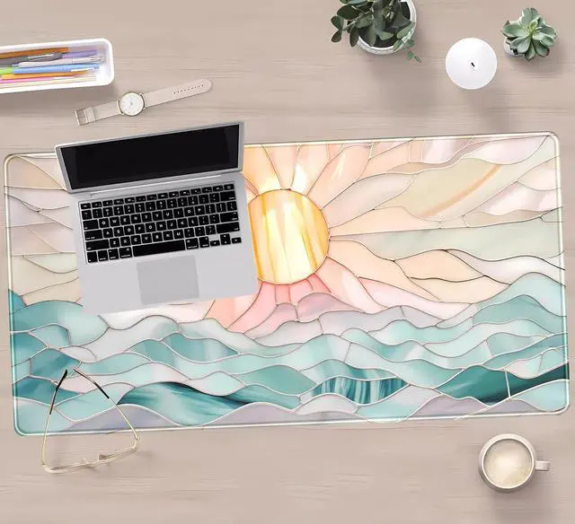 Alt view image 5 of 7 - Desk Mat Gaming Desk Pad Large Mouse and Keyboard Pad, Abstract Serene Ocean Sunrise Mouse Mat XXL, Pastel Desk Protector Mat Computer Mats for Desktop Sun & Waves Office Decor 31.5" x 15.7"