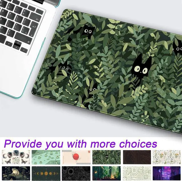 Alt view image 2 of 7 - Cute Anime Cats Desk Mat Green Leaves Kawaii Mousepad XXL Extended Large Gaming Mouse Pad Cat, Aesthetic Extended Laptop Keyboard Mat Desk Pad for Women Office Gamer Girl Decor 31.5x15.75 in