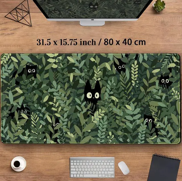 Alt view image 3 of 7 - Cute Anime Cats Desk Mat Green Leaves Kawaii Mousepad XXL Extended Large Gaming Mouse Pad Cat, Aesthetic Extended Laptop Keyboard Mat Desk Pad for Women Office Gamer Girl Decor 31.5x15.75 in