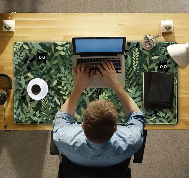Alt view image 4 of 7 - Cute Anime Cats Desk Mat Green Leaves Kawaii Mousepad XXL Extended Large Gaming Mouse Pad Cat, Aesthetic Extended Laptop Keyboard Mat Desk Pad for Women Office Gamer Girl Decor 31.5x15.75 in
