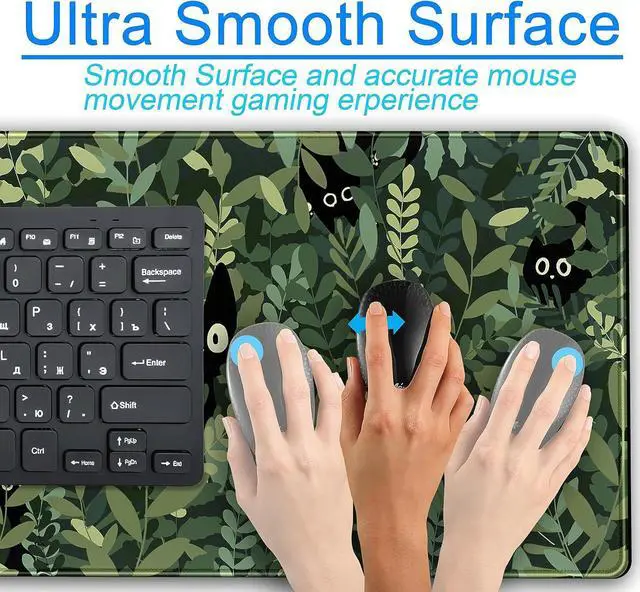 Alt view image 6 of 7 - Cute Anime Cats Desk Mat Green Leaves Kawaii Mousepad XXL Extended Large Gaming Mouse Pad Cat, Aesthetic Extended Laptop Keyboard Mat Desk Pad for Women Office Gamer Girl Decor 31.5x15.75 in
