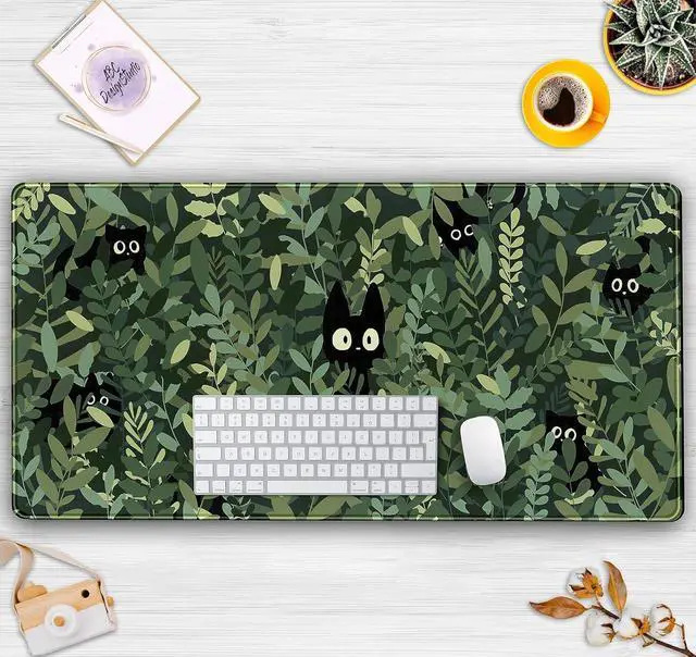 Alt view image 7 of 7 - Cute Anime Cats Desk Mat Green Leaves Kawaii Mousepad XXL Extended Large Gaming Mouse Pad Cat, Aesthetic Extended Laptop Keyboard Mat Desk Pad for Women Office Gamer Girl Decor 31.5x15.75 in