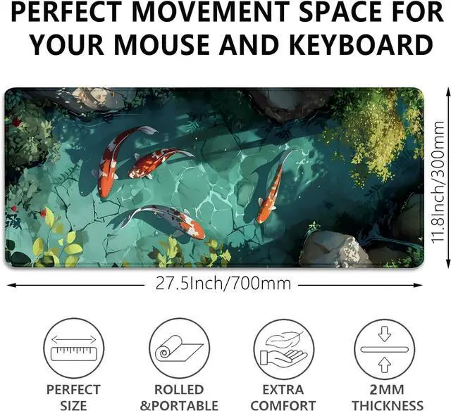 Alt view image 3 of 7 - Japanese Koi Carp Fish Desk Pad Mouse Pad,Large Gaming Mouse Mat with Stitched Edges,Non-Slip Rubber Base Mous Mat for Office,Computer,Keyboard,Laptop and Home Desk Pad(27.5X11.8 in)