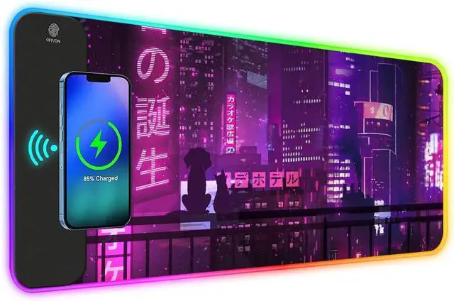 Main image of ToLuLu RGB Gaming Wireless Charging Mouse Pad, 15W 10 Light Modes LED Mouse Pad Computer Keyboard Mat Mousepad, 800x300x4MM Extended Large Desk Mat for Gaming, MacBook, Laptop, PC, Neon Purple Sign