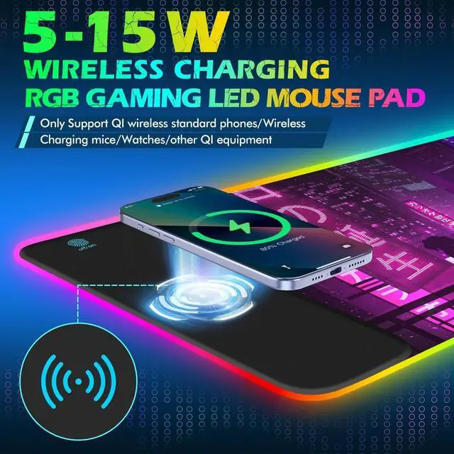 Alt view image 2 of 7 - ToLuLu RGB Gaming Wireless Charging Mouse Pad, 15W 10 Light Modes LED Mouse Pad Computer Keyboard Mat Mousepad, 800x300x4MM Extended Large Desk Mat for Gaming, MacBook, Laptop, PC, Neon Purple Sign