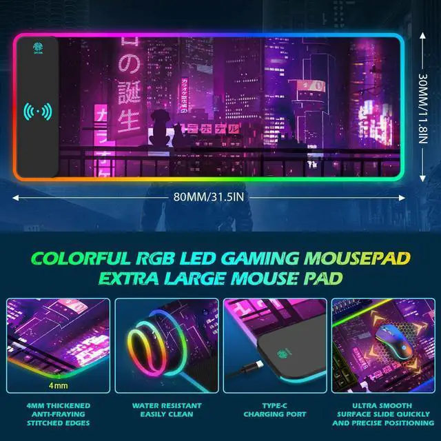 Alt view image 5 of 7 - ToLuLu RGB Gaming Wireless Charging Mouse Pad, 15W 10 Light Modes LED Mouse Pad Computer Keyboard Mat Mousepad, 800x300x4MM Extended Large Desk Mat for Gaming, MacBook, Laptop, PC, Neon Purple Sign