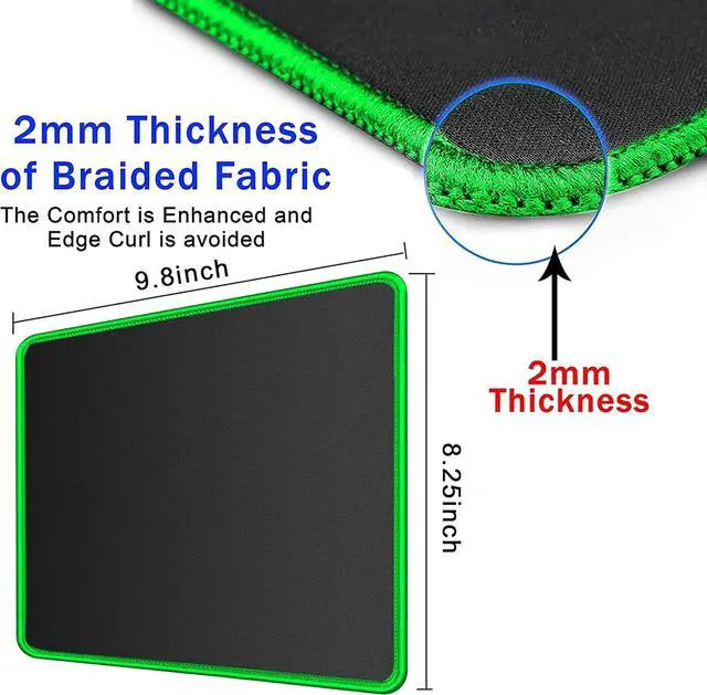 Alt view image 2 of 7 - SaiTech IT 20 Pack Gaming Mouse Pad, Water Resistance Coating Natural Rubber Gaming Mouse Pad with Stitched Edges & Non-Slippery Rubber Base (9.84 x 8.27 Inch) - Black with Green Stitched Border