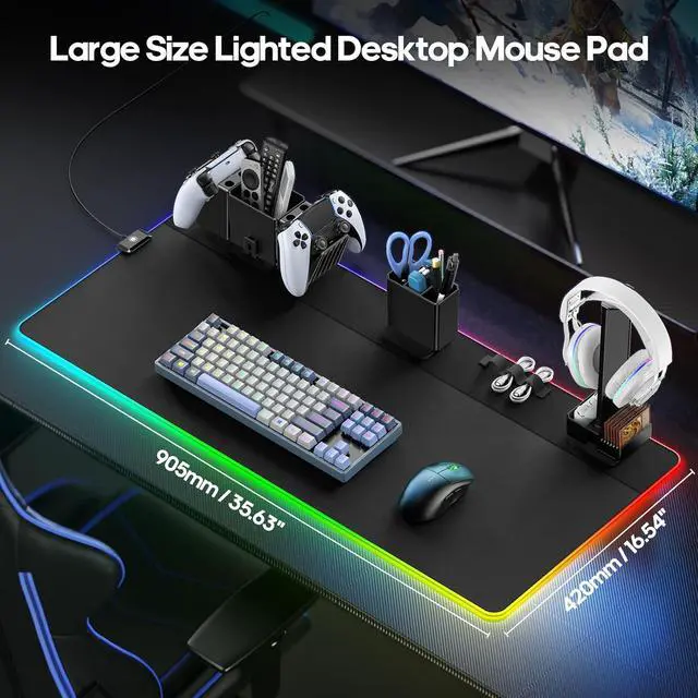 Alt view image 2 of 7 - KDD RGB Gaming Mouse Pad with Magnetic Organizer Set - 8 in 1 Desk Keyboard Mat with Desktop Storage for Headset & Controller Stand/Remote Holder/Pen Holder/Cable Management for Gamer Accessory Setup