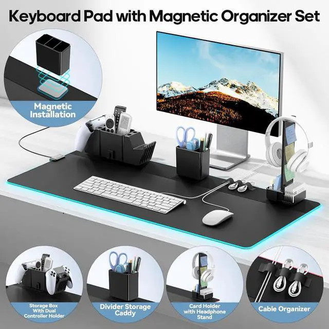 Alt view image 3 of 7 - KDD RGB Gaming Mouse Pad with Magnetic Organizer Set - 8 in 1 Desk Keyboard Mat with Desktop Storage for Headset & Controller Stand/Remote Holder/Pen Holder/Cable Management for Gamer Accessory Setup