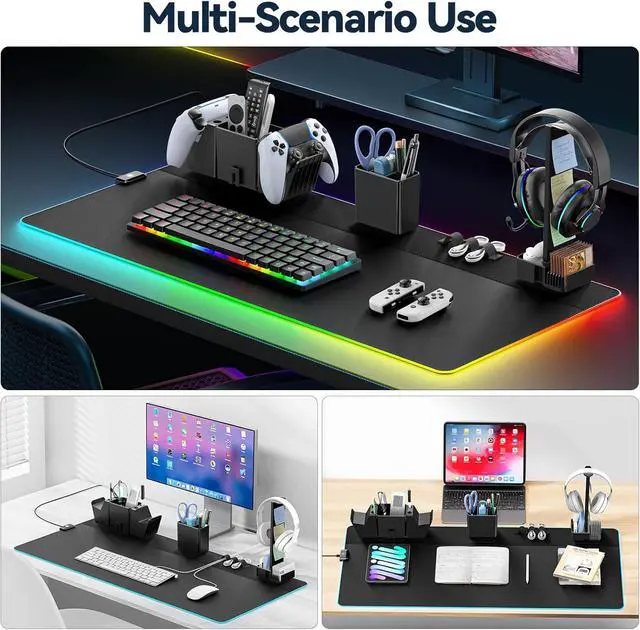 Alt view image 7 of 7 - KDD RGB Gaming Mouse Pad with Magnetic Organizer Set - 8 in 1 Desk Keyboard Mat with Desktop Storage for Headset & Controller Stand/Remote Holder/Pen Holder/Cable Management for Gamer Accessory Setup