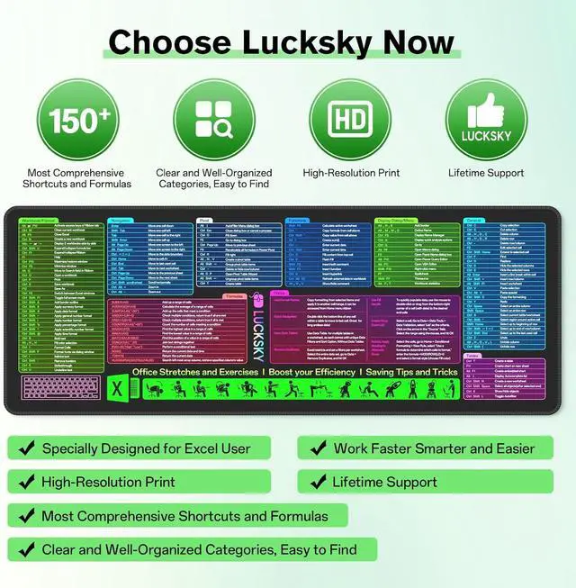 Alt view image 2 of 7 - Large Excel Cheat Sheet Desk Pad, Cheat Table Gaming Mousepad, Over 150 Excel Shortcuts, Non-Slip Sewn Edge, Suitable for Office Use, Employee Appreciation Gift