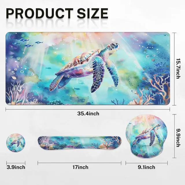Alt view image 2 of 7 - Britimes Keyboard Mouse Pad Set 4in1 Large Mousepad+Keyboard Wrist Rest+Mouse Wrist Rest+Coaster Set with Ergonomic Design for Home Office Computer 35.4x15.7Inches (Sea Turtle Cute Ocean)
