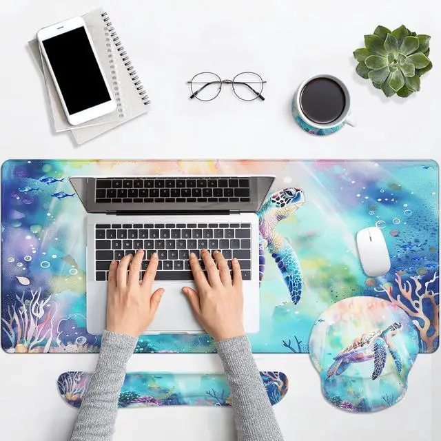 Alt view image 6 of 7 - Britimes Keyboard Mouse Pad Set 4in1 Large Mousepad+Keyboard Wrist Rest+Mouse Wrist Rest+Coaster Set with Ergonomic Design for Home Office Computer 35.4x15.7Inches (Sea Turtle Cute Ocean)
