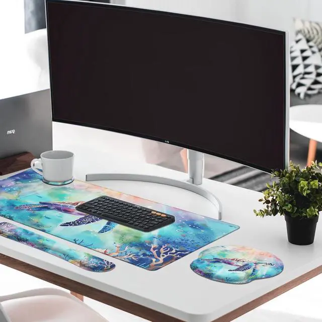 Alt view image 7 of 7 - Britimes Keyboard Mouse Pad Set 4in1 Large Mousepad+Keyboard Wrist Rest+Mouse Wrist Rest+Coaster Set with Ergonomic Design for Home Office Computer 35.4x15.7Inches (Sea Turtle Cute Ocean)