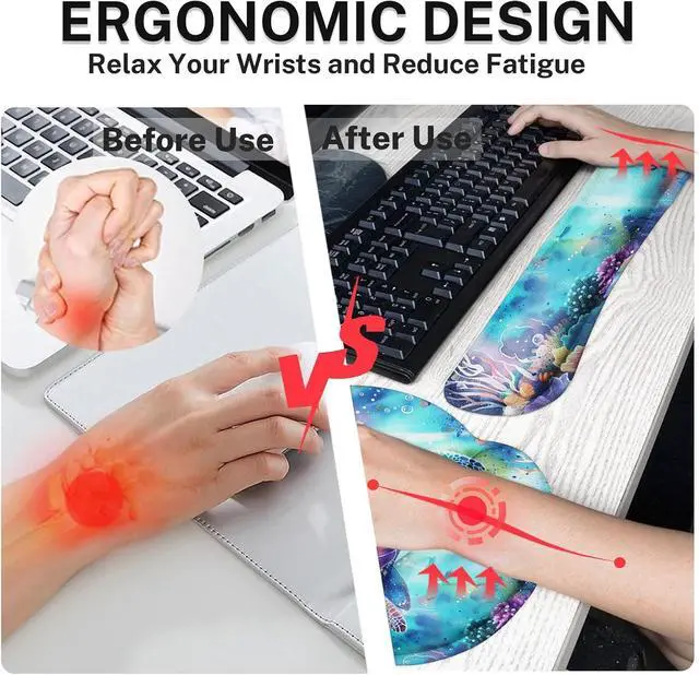 Alt view image 4 of 7 - Britimes Keyboard Mouse Pad Set 4in1 Large Mousepad+Keyboard Wrist Rest+Mouse Wrist Rest+Coaster Set with Ergonomic Design for Home Office Computer 35.4x15.7Inches (Sea Turtle Cute Ocean)