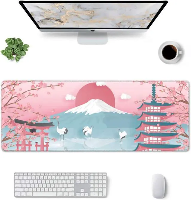 Alt view image 3 of 7 - Japanese Ocean Waves Gaming Mouse Pad XL, Non Slip Rubber Base Mousepad, Stitched Edges Desk Pad, Extended Large Mice Pad,31.5 X 11.8 Inch (Japanese Cherry Blossom)