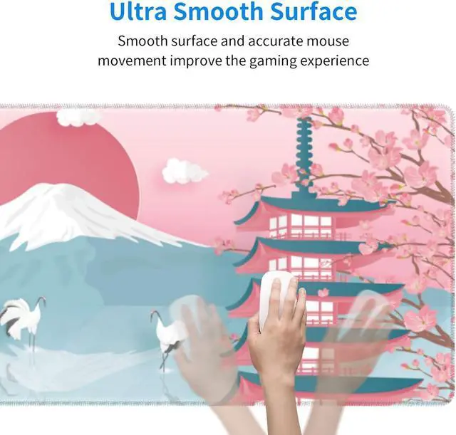 Alt view image 5 of 7 - Japanese Ocean Waves Gaming Mouse Pad XL, Non Slip Rubber Base Mousepad, Stitched Edges Desk Pad, Extended Large Mice Pad,31.5 X 11.8 Inch (Japanese Cherry Blossom)