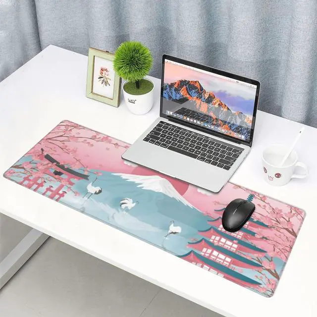 Alt view image 7 of 7 - Japanese Ocean Waves Gaming Mouse Pad XL, Non Slip Rubber Base Mousepad, Stitched Edges Desk Pad, Extended Large Mice Pad,31.5 X 11.8 Inch (Japanese Cherry Blossom)