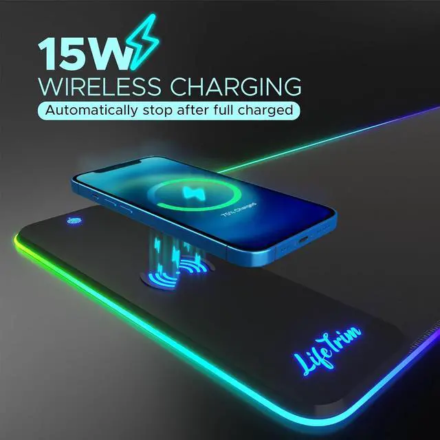 Alt view image 3 of 7 - Wireless Charger LED Mousepad 35.5 x 12 Inch RGB Gaming Mouse Pad 10 Light Modes 4mm Thick Large Desk Pad Wireless Charging Cool Mouse Pad for PC Accessories & Gaming Gifts