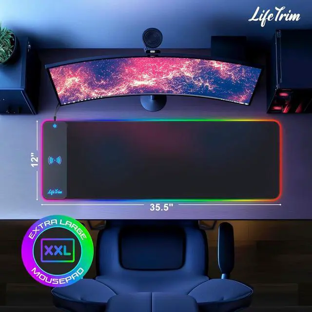 Alt view image 7 of 7 - Wireless Charger LED Mousepad 35.5 x 12 Inch RGB Gaming Mouse Pad 10 Light Modes 4mm Thick Large Desk Pad Wireless Charging Cool Mouse Pad for PC Accessories & Gaming Gifts