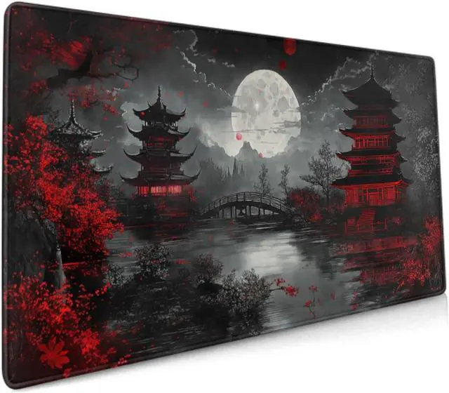 Main image of Japanese Mouse Pad XXL 35.4 X 15.7 Inch Black Red Design Style Extended Large Gaming Mousepad Keyboard Full Desk Mat Non-Slip Rubber Base Stitched Edges for Home Office