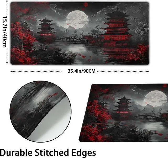 Alt view image 2 of 7 - Japanese Mouse Pad XXL 35.4 X 15.7 Inch Black Red Design Style Extended Large Gaming Mousepad Keyboard Full Desk Mat Non-Slip Rubber Base Stitched Edges for Home Office