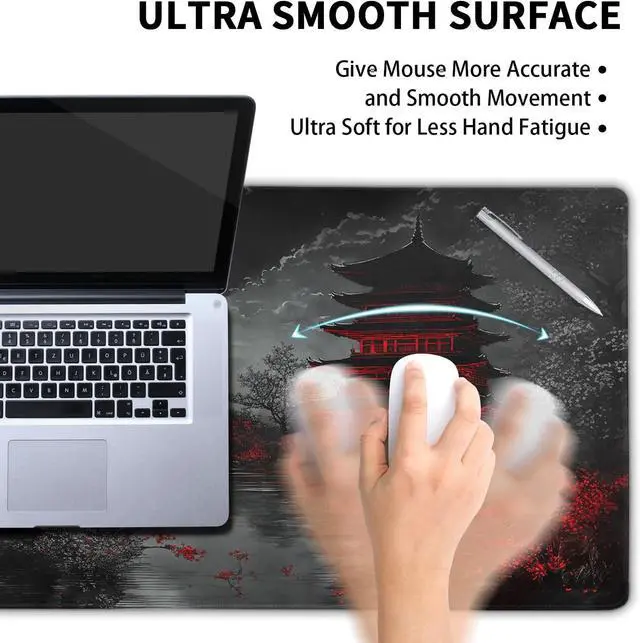 Alt view image 5 of 7 - Japanese Mouse Pad XXL 35.4 X 15.7 Inch Black Red Design Style Extended Large Gaming Mousepad Keyboard Full Desk Mat Non-Slip Rubber Base Stitched Edges for Home Office