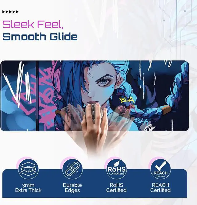 Alt view image 2 of 7 - Large Gaming Mouse Pad 31.5 x 11.8 Inches XXL Extended for Mouse and Keyboard Non-Slip and Water Resistant Surface with Anime Cute Girl Design Jinx Ideal for Competitive Gaming League