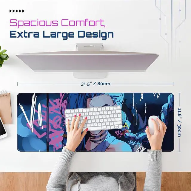 Alt view image 3 of 7 - Large Gaming Mouse Pad 31.5 x 11.8 Inches XXL Extended for Mouse and Keyboard Non-Slip and Water Resistant Surface with Anime Cute Girl Design Jinx Ideal for Competitive Gaming League