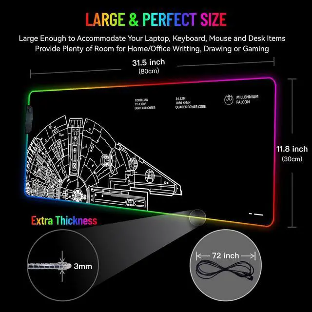 Alt view image 2 of 7 - RGB Mousepad LED Desk Mat Gaming Large Keyboard Cute Desktop Computer Laptop 14 Light XXL Long Giant Big Cool Modern Design Unique for Men Boys Gamer Oversized Wide 30x12'' Mousepad, Wars
