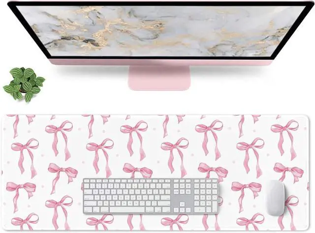 Main image of Large Pink Mouse Pad, White Pink Bow Desk Mat Cute Gaming Mouse Pad for Laptop Computer PC, Non-Slip Rubber Base Mousepad, Bows Desk Mat Office Accessories Desktop Decor for Girls Women 31.5 x 11.8in