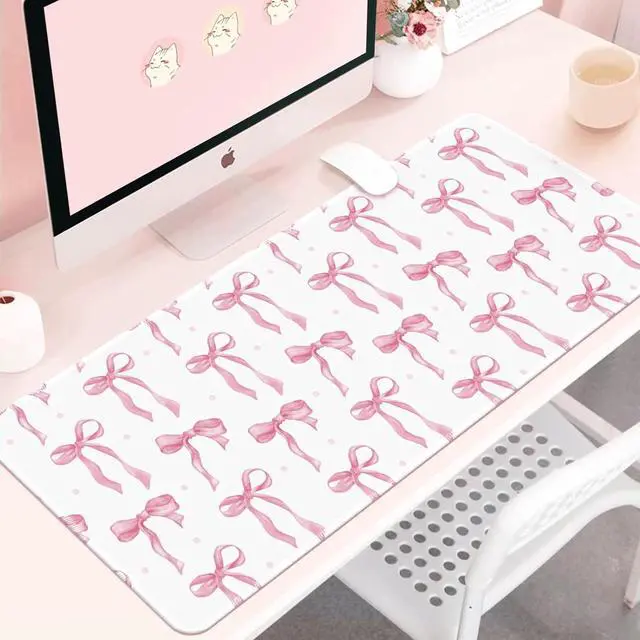 Alt view image 2 of 6 - Large Pink Mouse Pad, White Pink Bow Desk Mat Cute Gaming Mouse Pad for Laptop Computer PC, Non-Slip Rubber Base Mousepad, Bows Desk Mat Office Accessories Desktop Decor for Girls Women 31.5 x 11.8in