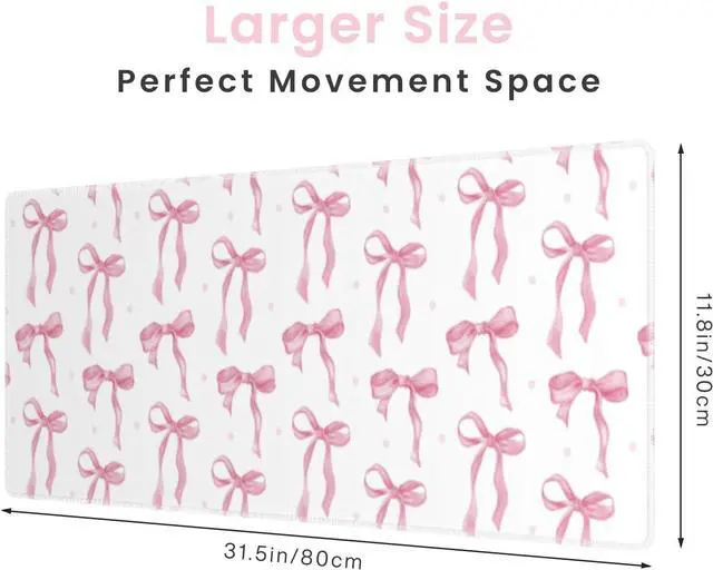 Alt view image 3 of 6 - Large Pink Mouse Pad, White Pink Bow Desk Mat Cute Gaming Mouse Pad for Laptop Computer PC, Non-Slip Rubber Base Mousepad, Bows Desk Mat Office Accessories Desktop Decor for Girls Women 31.5 x 11.8in