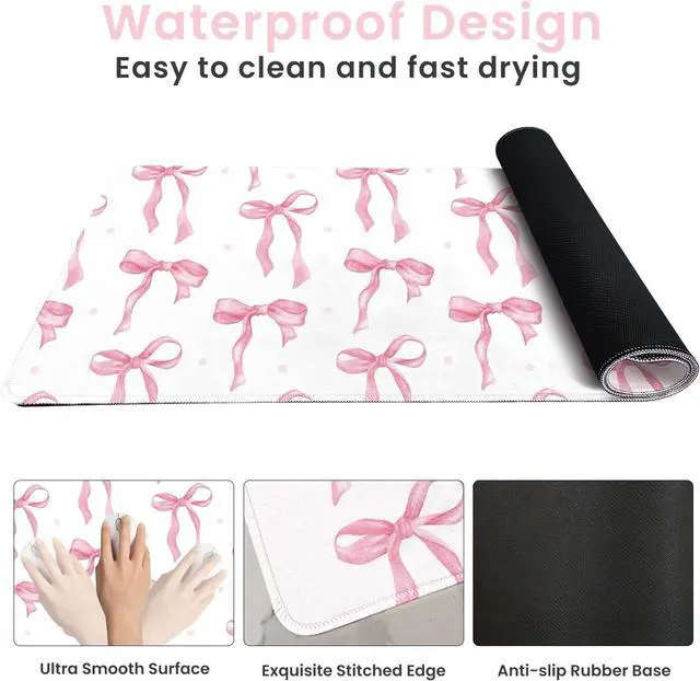 Alt view image 4 of 6 - Large Pink Mouse Pad, White Pink Bow Desk Mat Cute Gaming Mouse Pad for Laptop Computer PC, Non-Slip Rubber Base Mousepad, Bows Desk Mat Office Accessories Desktop Decor for Girls Women 31.5 x 11.8in