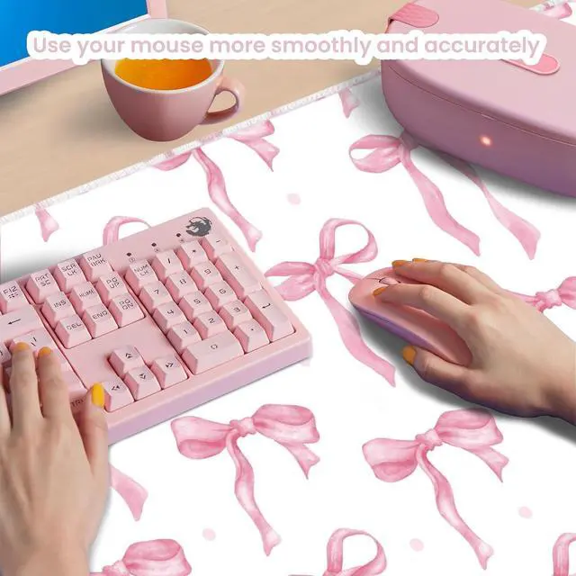 Alt view image 5 of 6 - Large Pink Mouse Pad, White Pink Bow Desk Mat Cute Gaming Mouse Pad for Laptop Computer PC, Non-Slip Rubber Base Mousepad, Bows Desk Mat Office Accessories Desktop Decor for Girls Women 31.5 x 11.8in