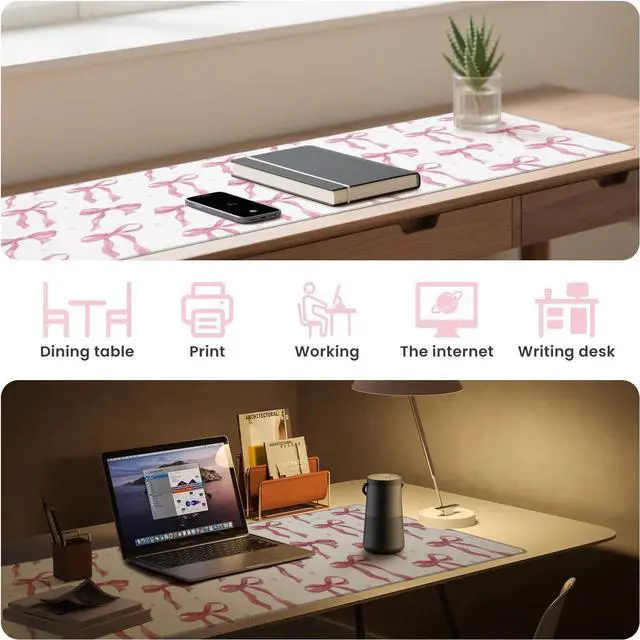 Alt view image 6 of 6 - Large Pink Mouse Pad, White Pink Bow Desk Mat Cute Gaming Mouse Pad for Laptop Computer PC, Non-Slip Rubber Base Mousepad, Bows Desk Mat Office Accessories Desktop Decor for Girls Women 31.5 x 11.8in