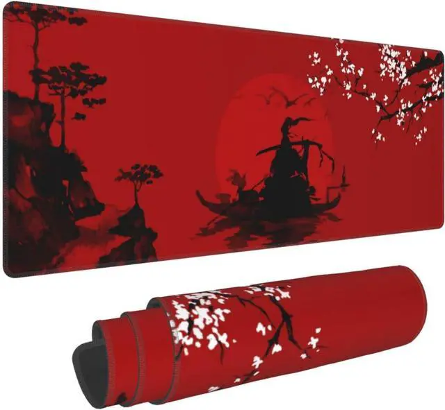 Main image of Japanese Cherry Blossom Samurai Black Red XXL XL Large Gaming Mouse Pad for Desk, Non-Slip Long Extended Keyboard Pads Mousepad Rubber Table Mat 31.5 X 11.8 Inch