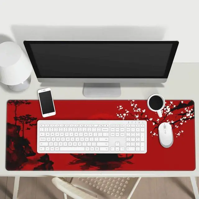 Alt view image 7 of 7 - Japanese Cherry Blossom Samurai Black Red XXL XL Large Gaming Mouse Pad for Desk, Non-Slip Long Extended Keyboard Pads Mousepad Rubber Table Mat 31.5 X 11.8 Inch