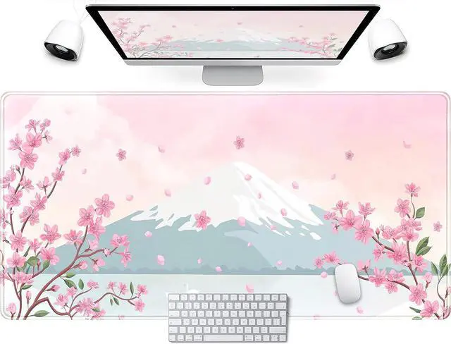 Main image of Japanese Desk Mat Pastel Pink Cherry Blossom Mouse Pad Mt Fuji Japan Large Gaming Anime Mousepad XXL 31.5x15.75 in, Kawaii Aesthetic Flower Cute Women Office Decor Computer Laptop Keyboard Mat