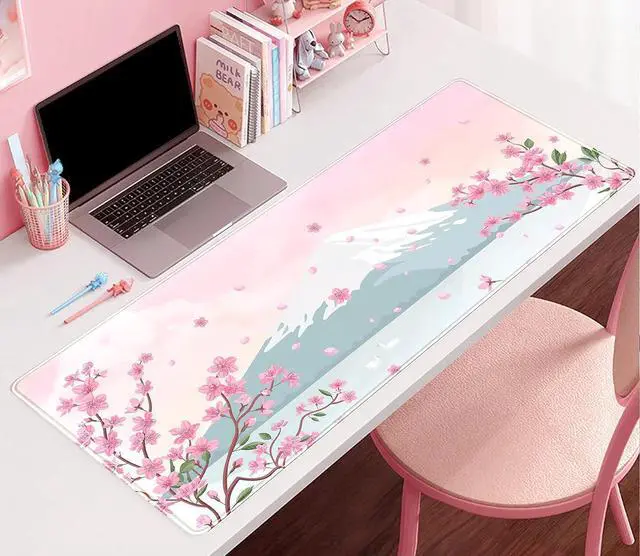 Alt view image 2 of 6 - Japanese Desk Mat Pastel Pink Cherry Blossom Mouse Pad Mt Fuji Japan Large Gaming Anime Mousepad XXL 31.5x15.75 in, Kawaii Aesthetic Flower Cute Women Office Decor Computer Laptop Keyboard Mat
